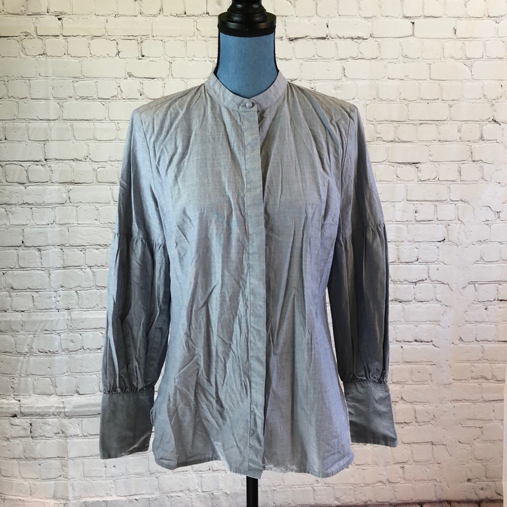 Ann Taylor Blouse Top Hidden Button Down Bishop Sleeve Nehru Collar Medium